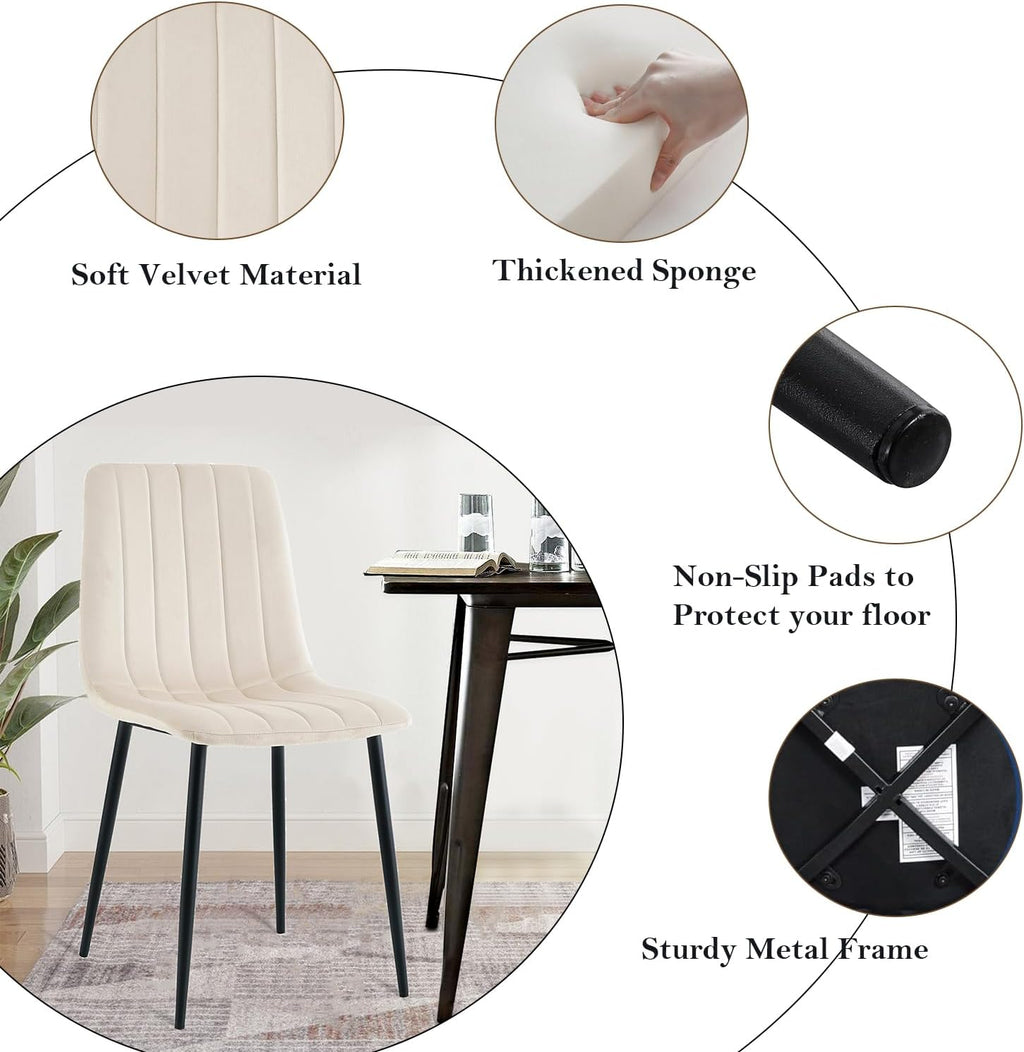 5 Piece Circle Dining Table Set for 6, 47 Inch Wood Dining Table & Cream Velvet Upholstered Chairs with Sturdy Black Metal Legs, Round Kitchen Table Set for Kitchen Dining Room, Living Room
