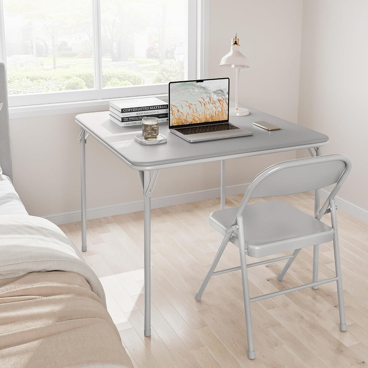 Folding Card Table, 34 Inch Square Folding Table, PU Padded Tabletop with Collapsible Legs, Sturdy Steel Frame, Portable Square Game Table for Home, Parties, Picnics, Games ( Table only) (Grey)