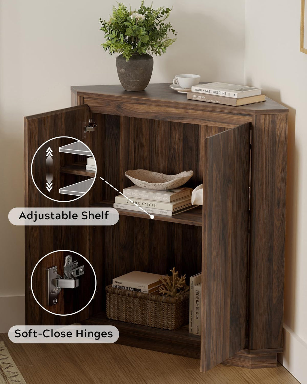 Corner Storage Cabinet, Small Corner Floor Cabinet with 2 Doors and 2-Tier Shelves, Modern Wooden Narrow Storage Organizer for Living Room, Kitchen, Pantry, Bathroom, Brown