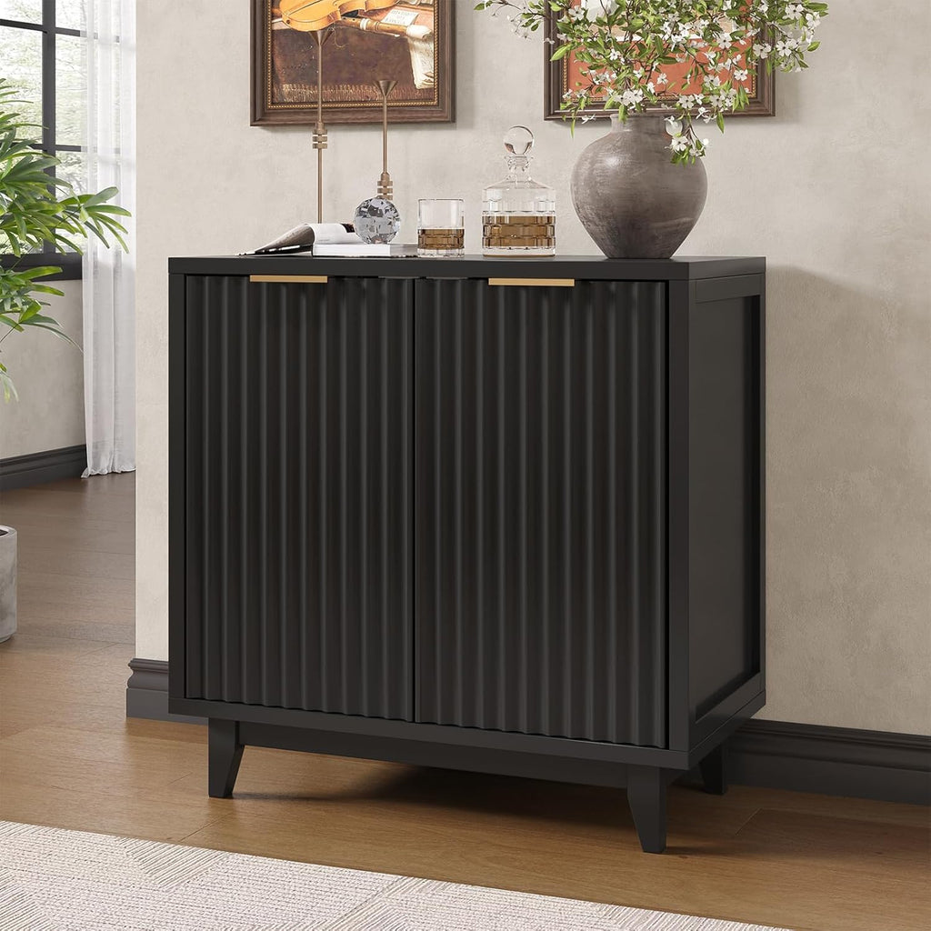 Vabches Modern Fluted Buffet Cabinet with Storage, 31.5" W Sideboard with Solid Wood Legs and Adjustable Shelf, Black Accent Cabinet for Kitchen, Living Room