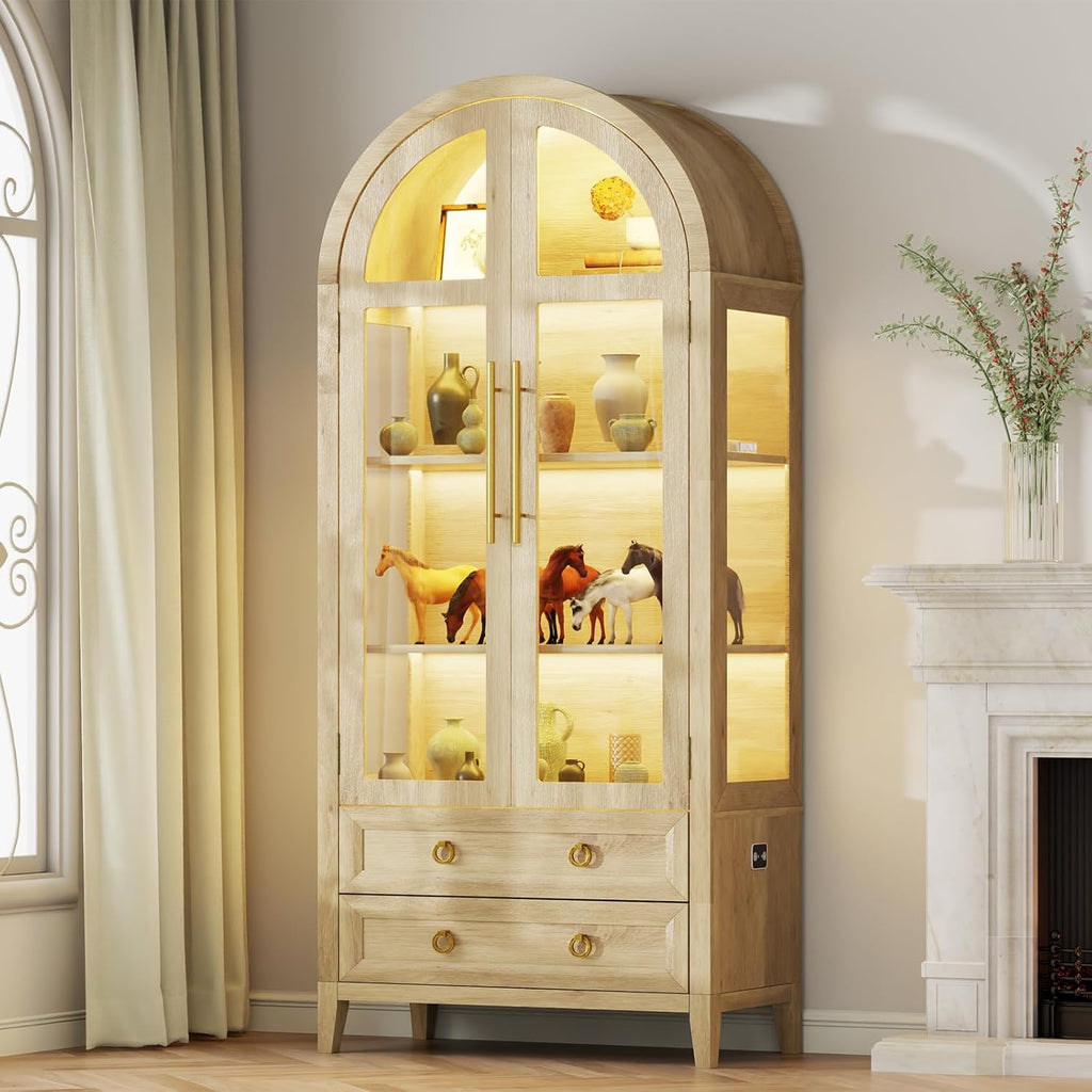 Vlsrka 71" Arched Curio Cabinet with Glass Doors, 4-Shelves Display Cabinet and 2 Drawers, Display Case with 3 Color Lights, Tall Bookcase, Kitchen Pantry, Wood Color