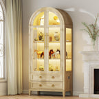 Vlsrka 71" Arched Curio Cabinet with Glass Doors, 4-Shelves Display Cabinet and 2 Drawers, Display Case with 3 Color Lights, Tall Bookcase, Kitchen Pantry, Wood Color