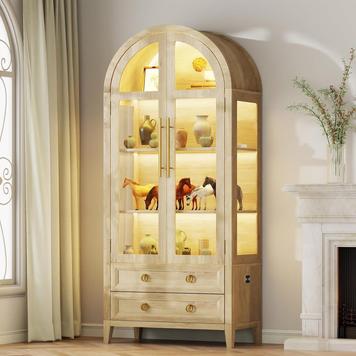 Vlsrka 71" Arched Curio Cabinet with Glass Doors, 4-Shelves Display Cabinet and 2 Drawers, Display Case with 3 Color Lights, Tall Bookcase, Kitchen Pantry, Wood Color