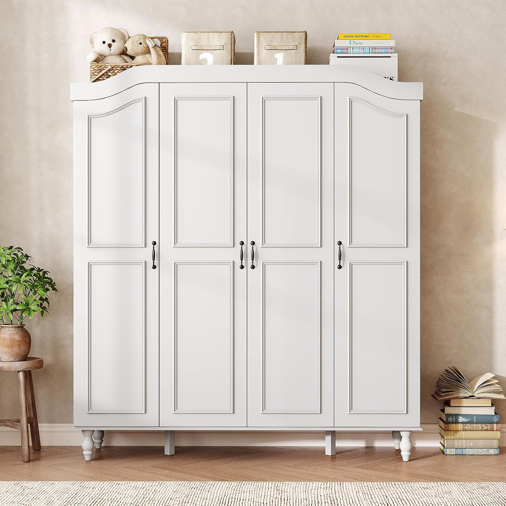 71" H Arched Armoire Wardrobe Closet with 4 Doors, Wooden, White | Large Capacity Wardrobe Cabinet with 2 Hanging Rods and 8 Shelves,Freestanding Armoire Storage Cabinet for Bedroom,Cloak Room