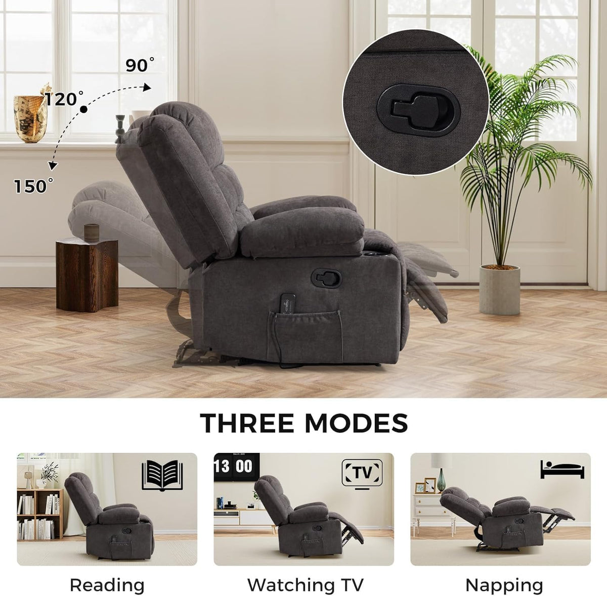 HAOMARKETS Classic Manual Recliners with Massage and Heat for Adults, Breathable Fabric Recliner Chair with 2 Cup Holders & Side Pockets, Overstuffed Heavy Duty Reclining Sofa for Living Room, Grey
