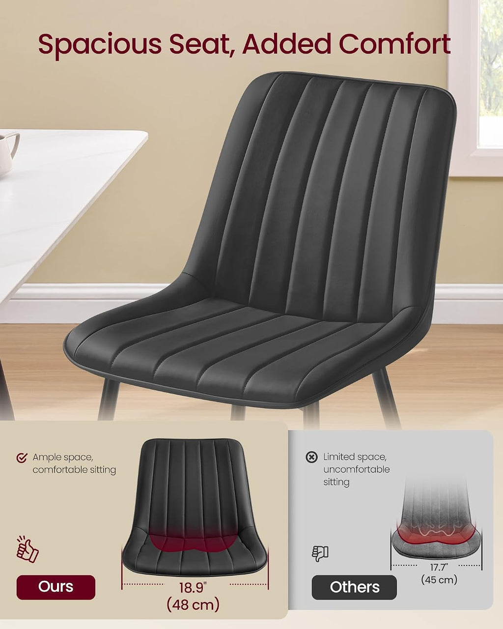 VASAGLE Dining Chairs Set of 2, Upholstered Kitchen Chairs, Synthetic Leather, Max. Load 264 lb, Steel Legs, Curved Backrest, for Dining Room, Dove Gray and Ink Black ULDC090BH02
