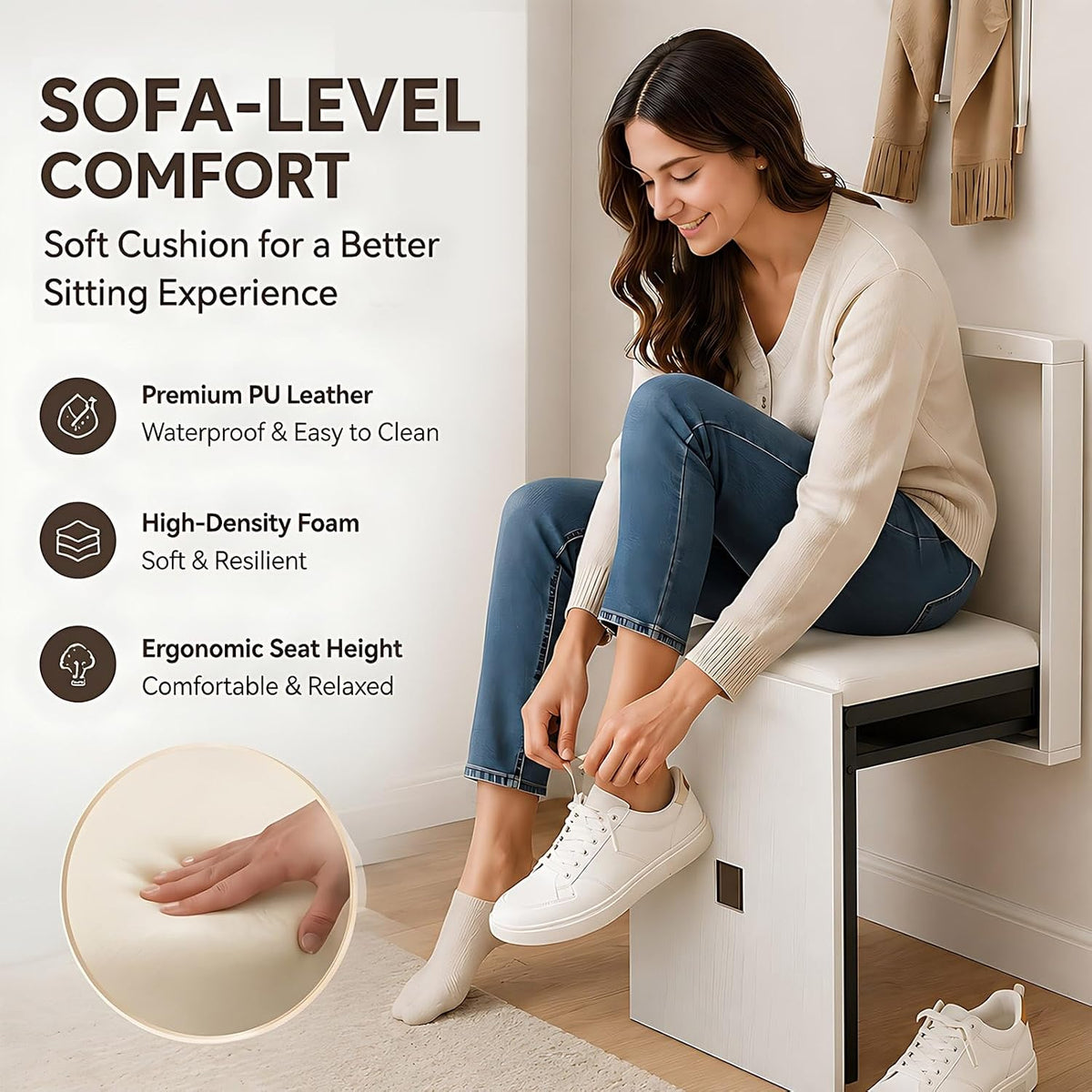 Wall Mount Folding Shoe Stool for Mudroom, Invisible Hideaway Entryway Bench with Soft Leather Seat, 7cm Ultra Thin Hanging Chair for Hallway and Small Spaces, Walnut(Black)