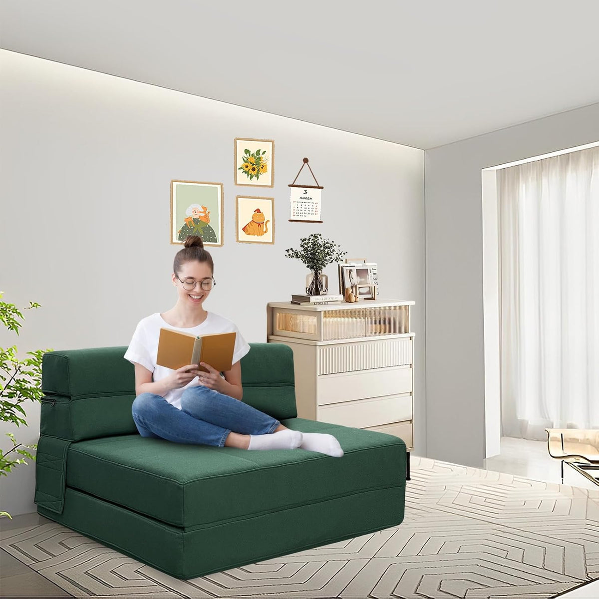 Folding Sofa Bed, Fold Out Couch Memory Foam Sleeper Chair with 2 Pillows | Queen Size Futon Couch Guest Convertible Chair Bed, Comfy Floor Sofa Lounge Washable Cover, Dark Green