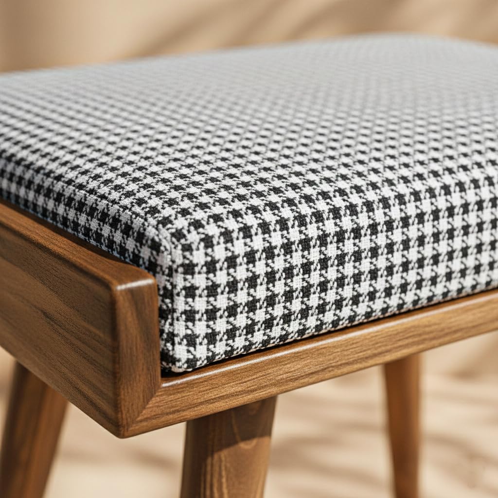 Ultimate Premium Products Walnut Ottoman Stool for Living Room | Upholstered in Crowbar Pattern Fabric | Versatile as a Piano Bench | Ideal Bedroom Bench | Functional Footstool Bench