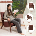 HOMMPA Mid-Century Modern Accent Chair, Comfy Reading Armchair with Solid Wood Frame & Lumbar Pillow, Upholstered Linen Lounge Chair with Side Pocket for Living Room, Bedroom,Balcony (Brown)