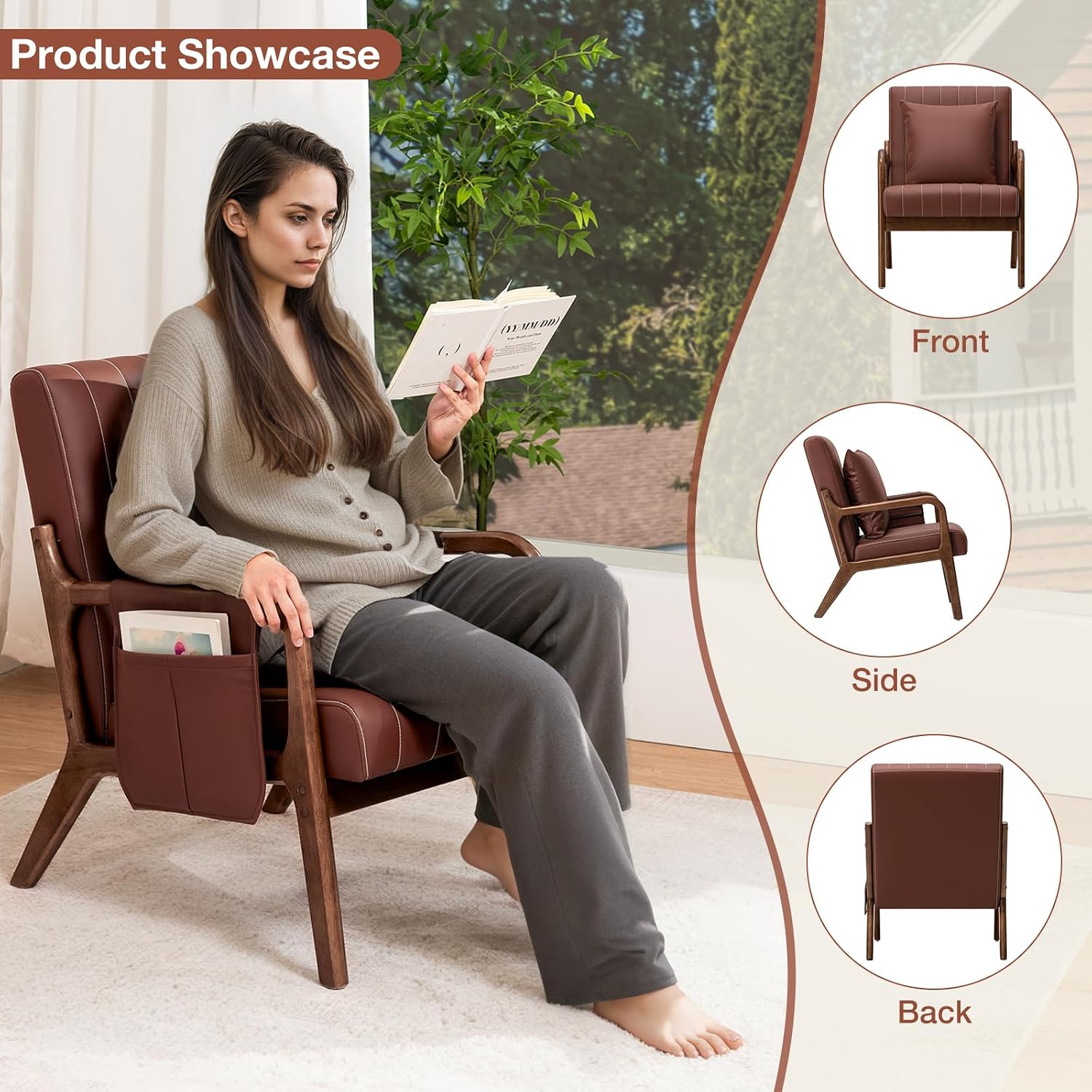 HOMMPA Mid-Century Modern Accent Chair, Comfy Reading Armchair with Solid Wood Frame & Lumbar Pillow, Upholstered Linen Lounge Chair with Side Pocket for Living Room, Bedroom,Balcony (Brown)
