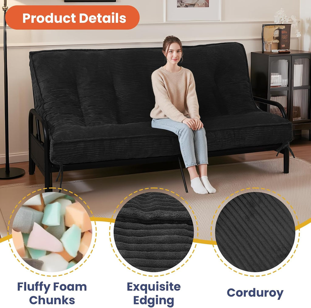 8" Futon Mattress Full Size, Futons Sofa Bed Sleeper Couch Bed, Roll Up Mattress with Shredded Foam & 2 Straps for Storage, Futon Floor Mattress for Living Room, Corduroy (Frame Not Included)