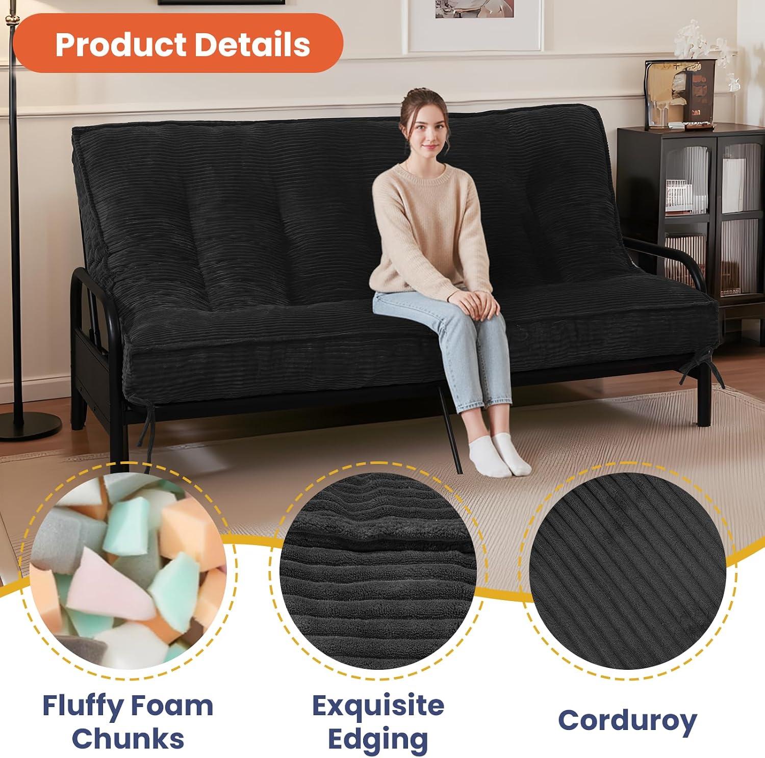 8" Futon Mattress Full Size, Futons Sofa Bed Sleeper Couch Bed, Roll Up Mattress with Shredded Foam & 2 Straps for Storage, Futon Floor Mattress for Living Room, Corduroy (Frame Not Included)
