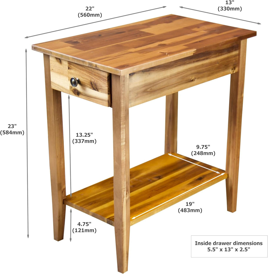 2-Tier Solid Acacia Recliner Table w/Drawer (Natural)