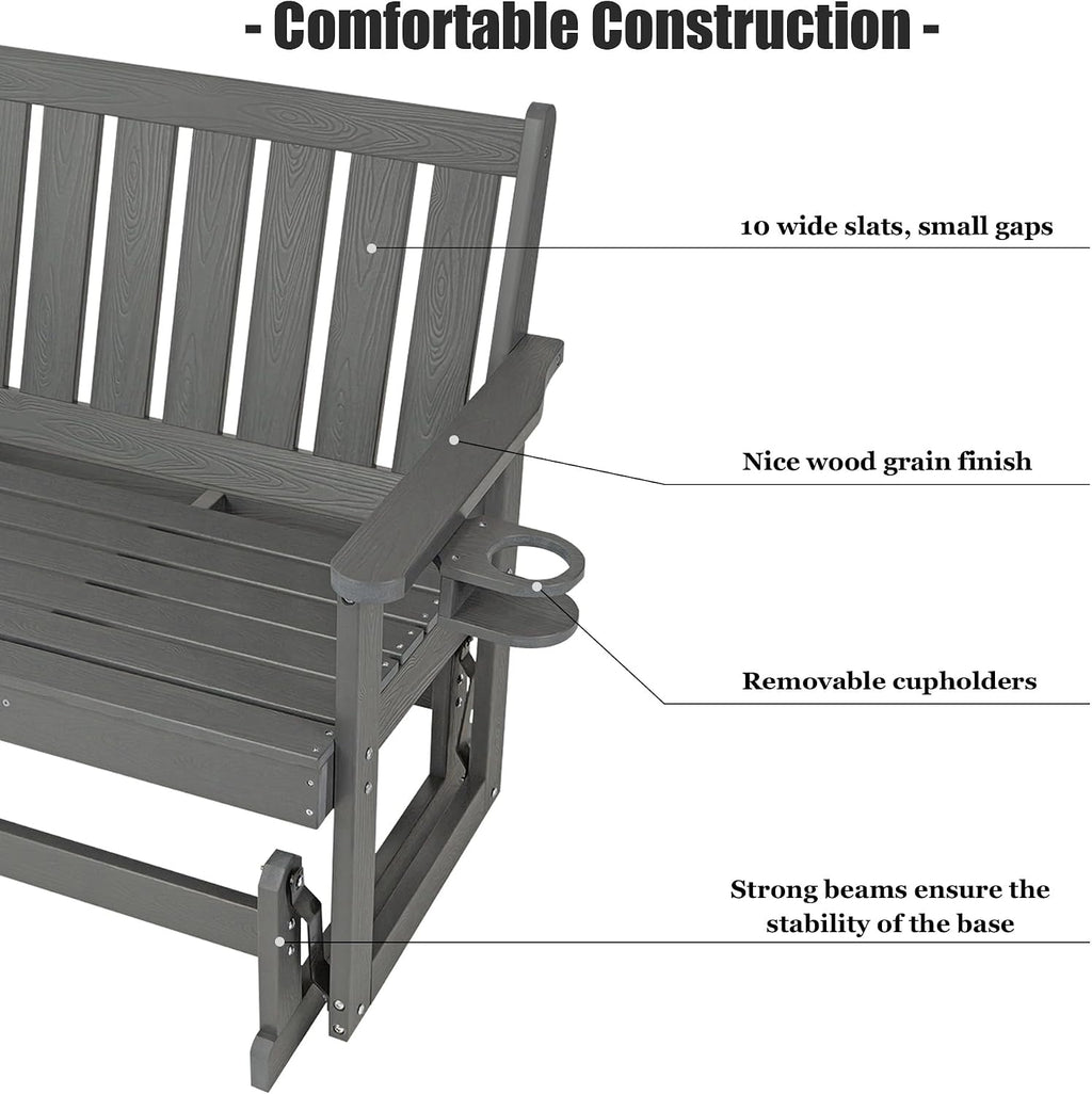 Poly Lumber Patio Glider, HIPS Material Weather-Resistant Swing Bench for Outdoor Porch Garden, Gray