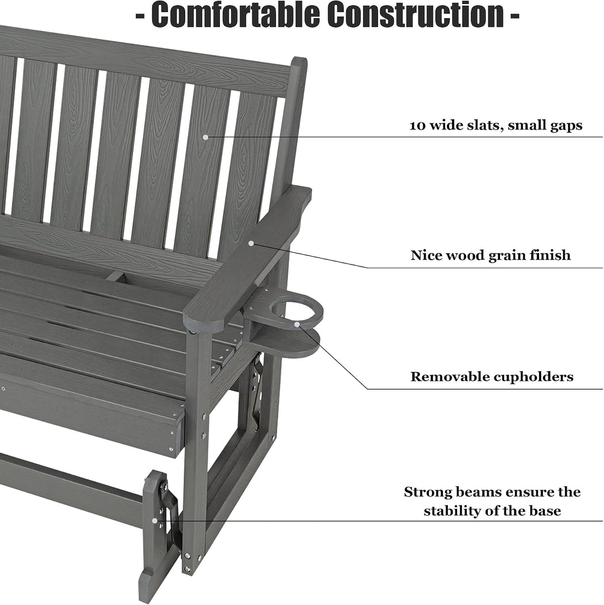 Poly Lumber Patio Glider, HIPS Material Weather-Resistant Swing Bench for Outdoor Porch Garden, Gray