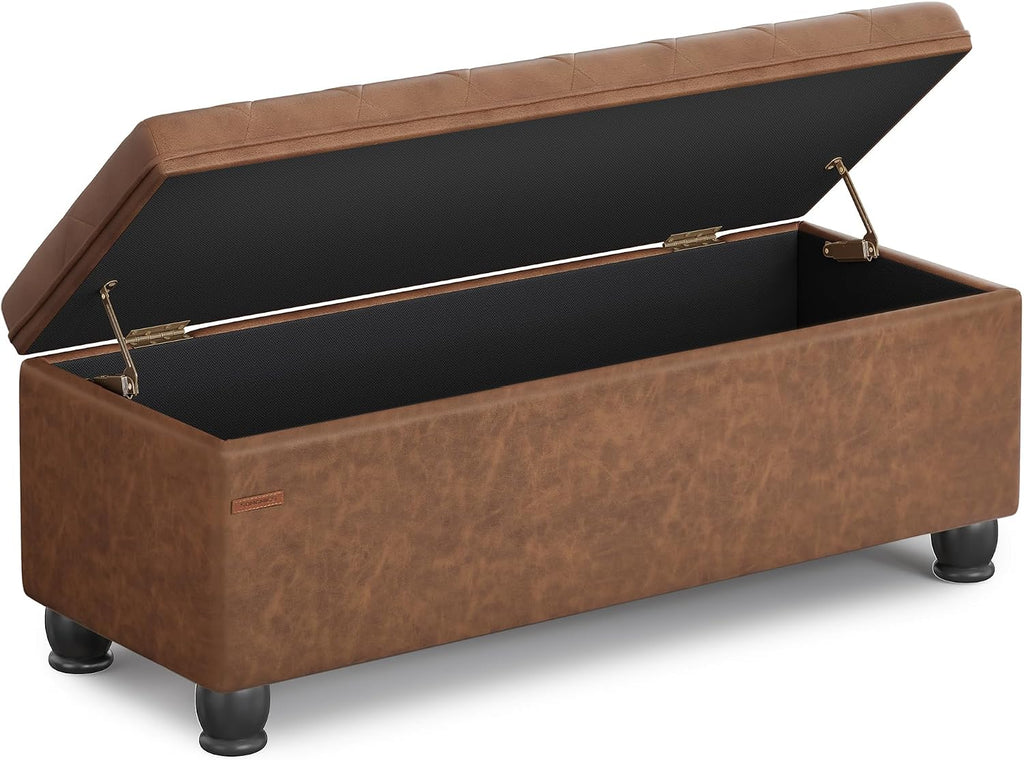 SONGMICS Storage Ottoman, 46.5 Inches Long Bed End Stool, Solid Wood Legs | Buttons Decoration, Non-Slip Foot Pads, 330.7 lb Load Capacity, Coffee Brown, MACEO Collection ULOM071K01