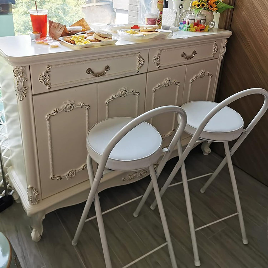 QQXX Folding Bar Stool with Footrest,Leather Padded Folding Kitchen Stool,Portable Counter Height Foldable Stool Tall Bar Stools for Outdoor Kitchen Shop Cafe(2 Pc, White Seat Height 29.5")