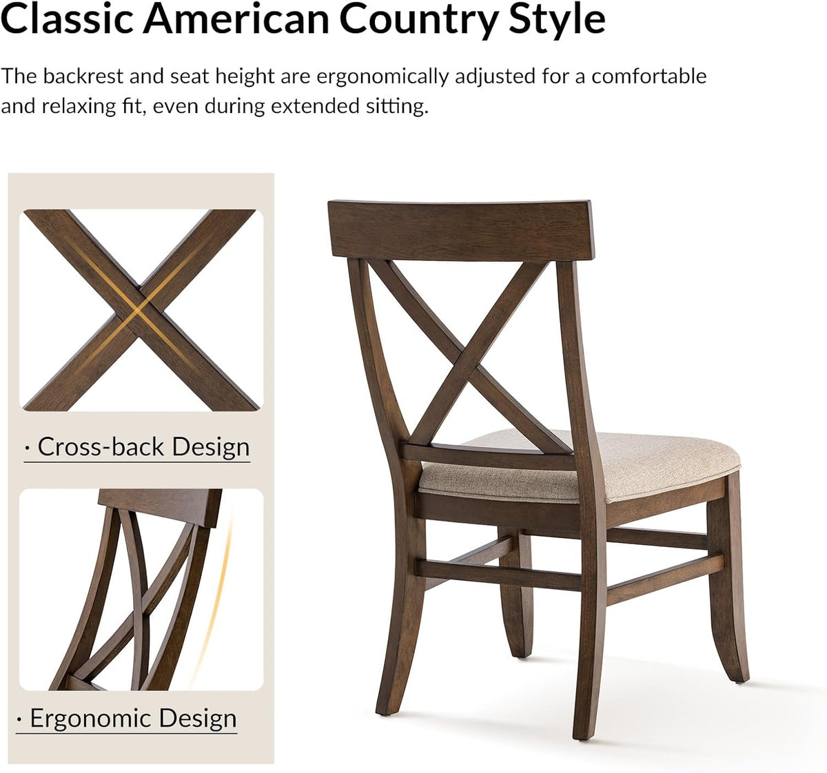 Farmhouse Upholstered Dining Chairs Set of 2, Walnut | Wooden Kitchen Chairs with Solid Wood Legs, Soft Cushion, Cross-Back Design, for Living Room Dining Room