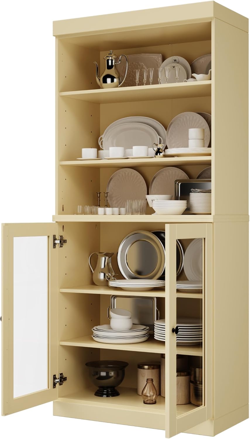 Palace Imports 100% Solid Wood Kitchen Pantry w/ 2 Glass Doors, Yellow, 32" w x 71.5" h, Renewable Eco-Friendly Pine, Made in Brazil