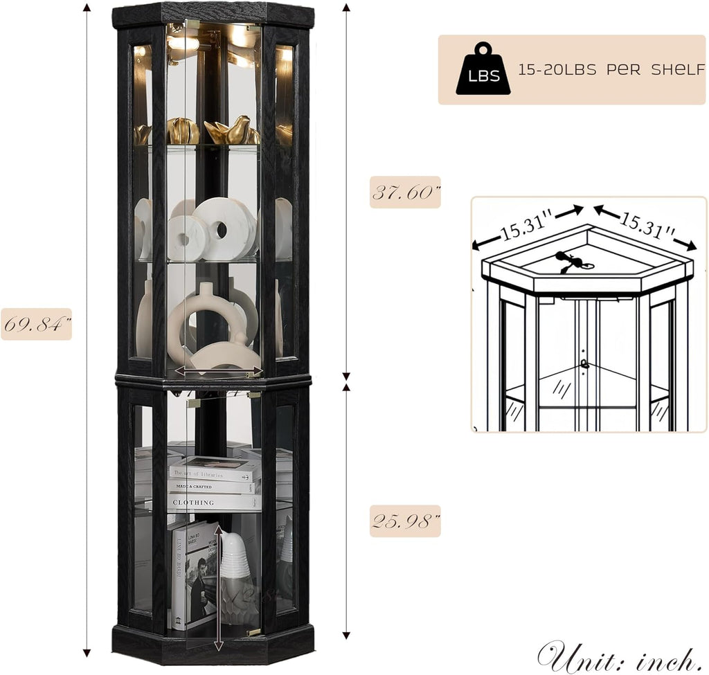 Corner Curio Cabinet, 70" H Lighted Glass Display Cage with Tempered Glass Doors and Adjustable Shelves, Bulb Inclued, Wine Bar China Cabinet for Living Room Liquor Storage (Black)