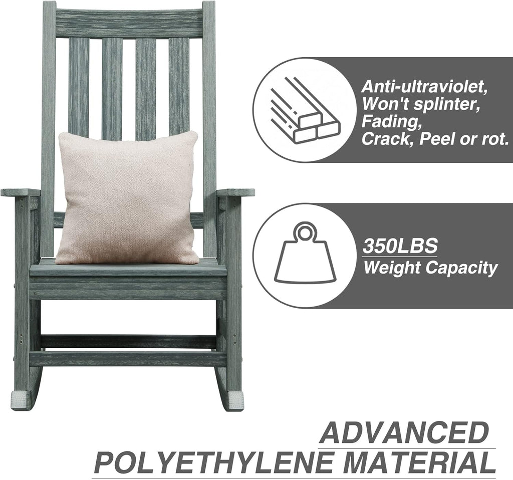 Oversized Outdoor Rocking Chair, HDPE 350lbs Heavy Duty Porch Rocker with High Back, All Weather Resistant Patio Rocking Chair for Lawn, Garden & Deck (Grey)