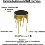 TUP THE URBAN PORT Capri Side End Table, 24.75 Inch Round Glass Top, Antique Gold Finish, Melting Drip Design Base, Modern Glam Accent Table for Living Room, Bedroom and Home Decor Display