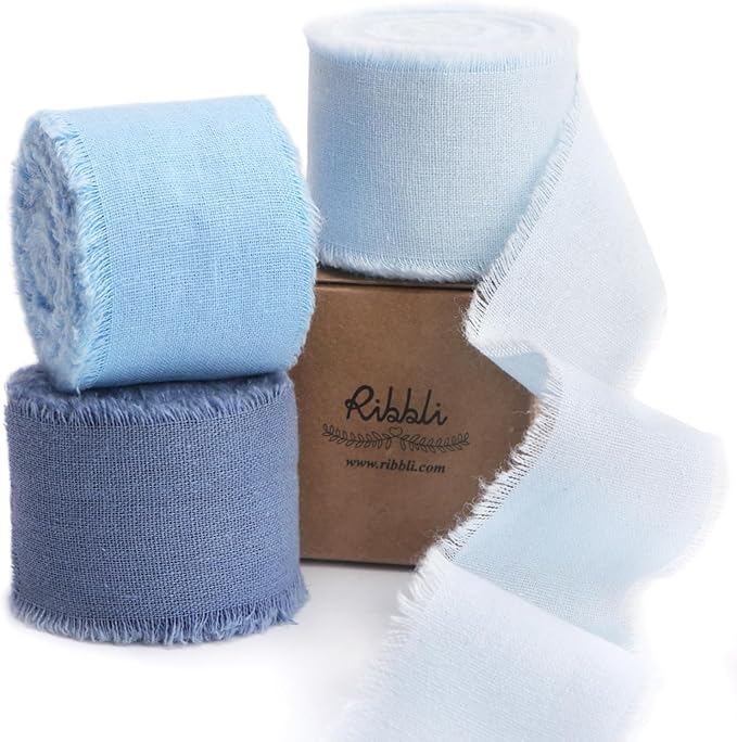Ribbli 3 Rolls 1.5 Inch x 18Yards Light Blue Baby Blue Dusty Blue Handmade Cotton Frayed Fringe Ribbons for Gift Wrapping Wedding Invites Bridal Bouquets Baby Shower DIY Crafts Home Decor