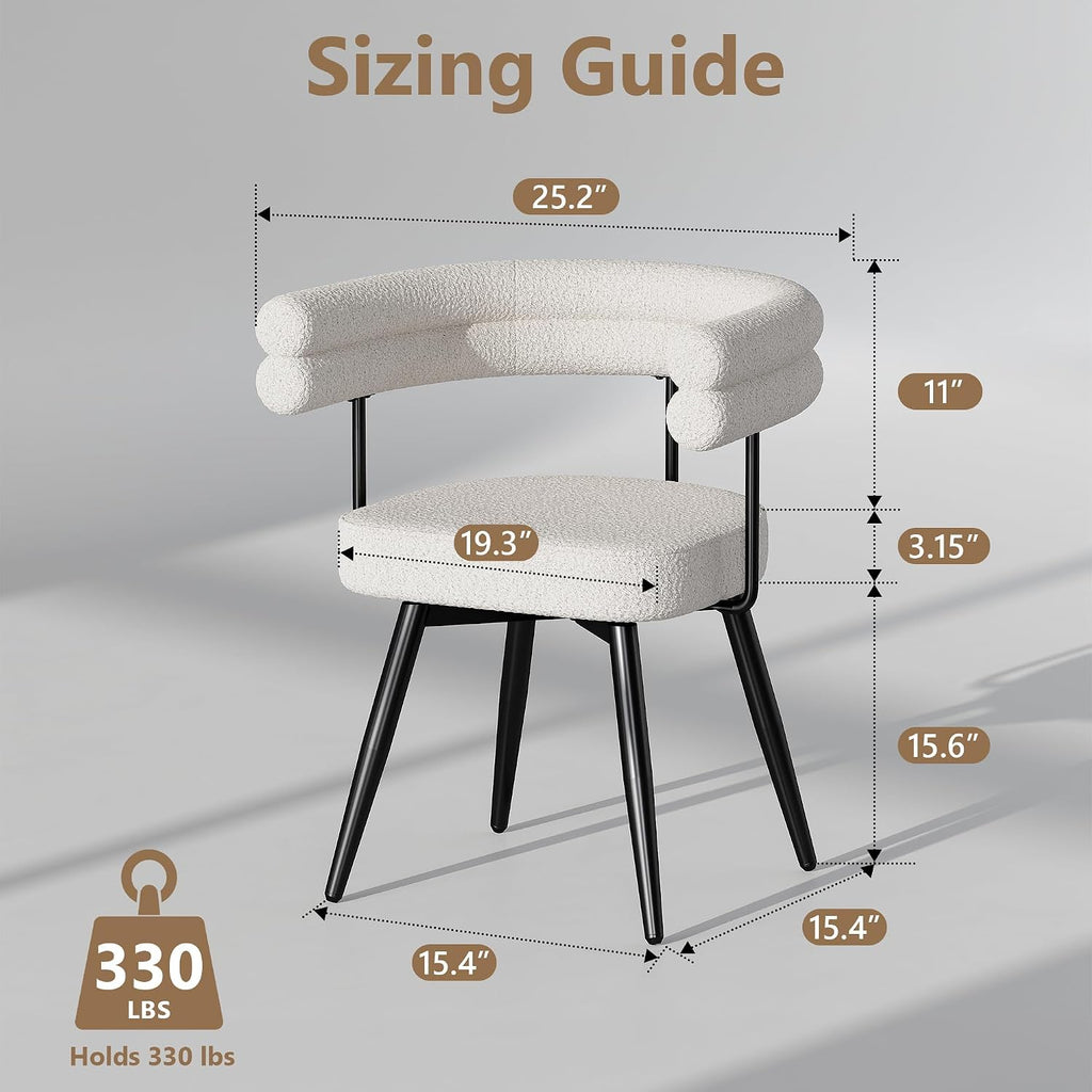 AODAILIHB 360° Swivel Boucle Dining Chairs Set of 2,Modern Upholstered Kitchen Chair with Curved Backrest,Armless Dining Chairs with Metal Legs for Dining Room, Vanity, Living Room, White