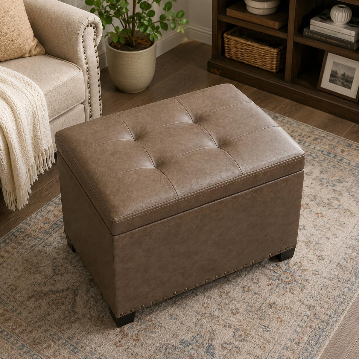 Homebeez 22" Storage Ottoman Coffee Table with Flip Top Tray, Tufted Faux Leather Footrest Stool with Nailhead Trim, Large Foot Rest for Living Room, Taupe Brown