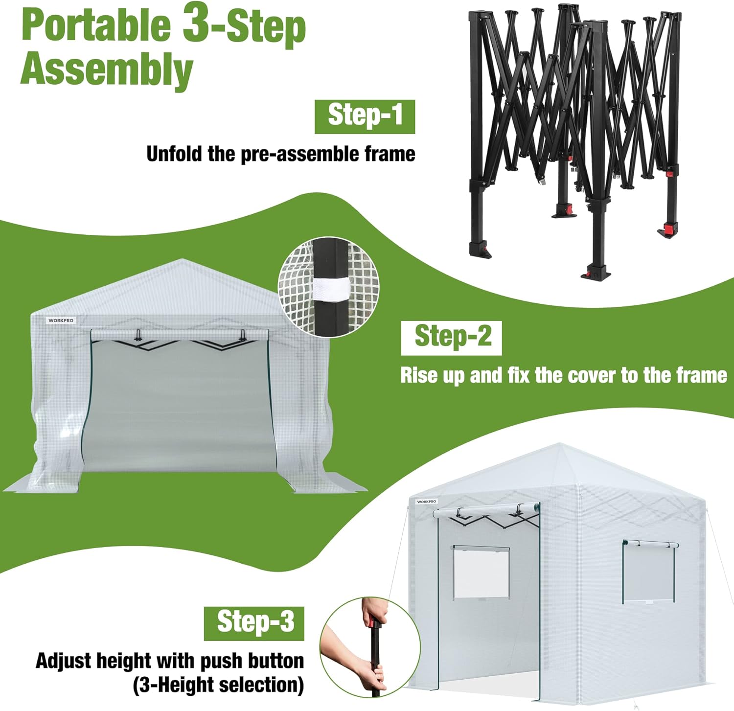 WORKPRO Greenhouse, 94”x 94”x 99” Pop-up Greenhouse for Outdoors , Heavy Duty Gardening House with Sturdy PE Cover, Roll-up Entry Doors and 2 Screen Windows, for Patio, Backyard, Balcony