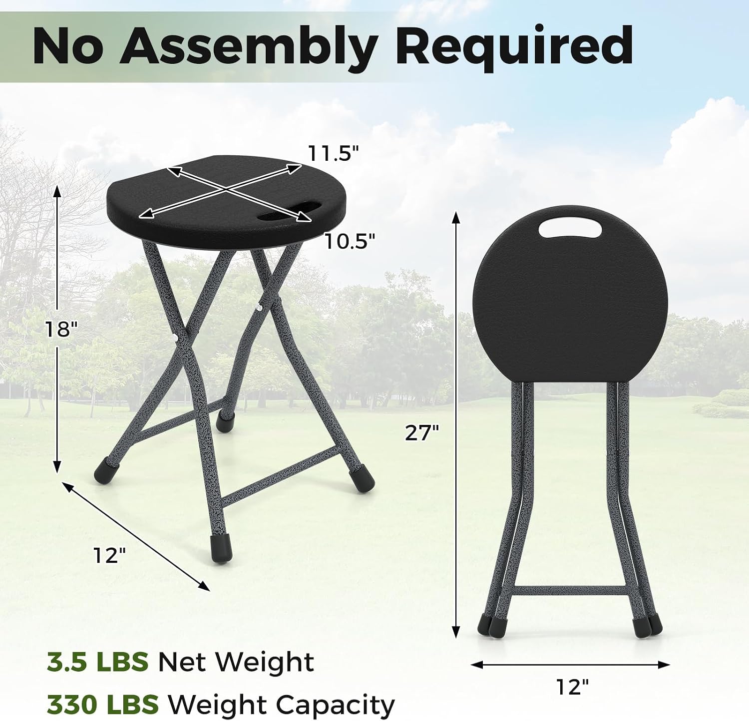 Giantex Folding Stool, 18” Height Foldable Bar Stools, Portable Folding Chairs with Built-in Carry Handle, 330lbs Capacity, Indoor & Outdoor Round Stools for Camping RV Party Event (1, Black)