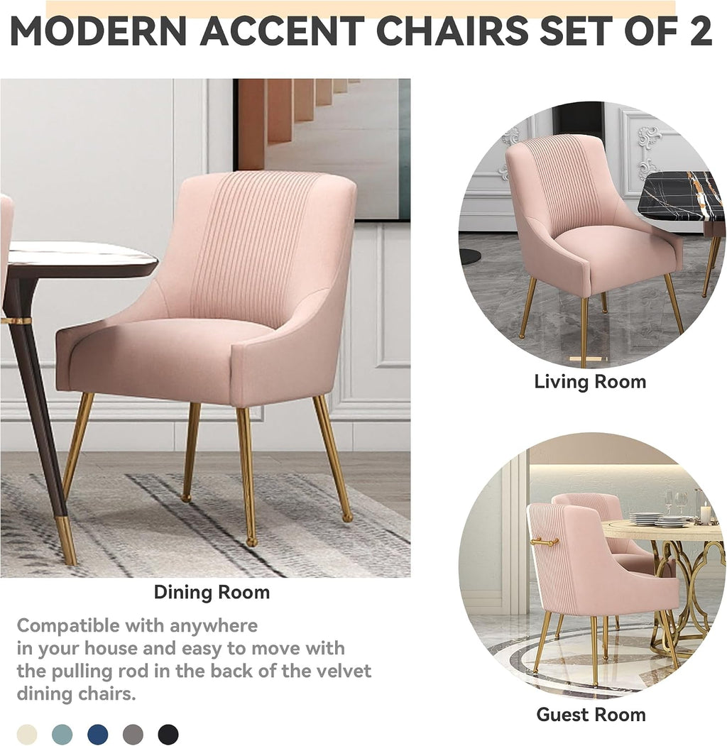 Modern Dining Chairs, Velvet Upholstered Dining Room Chairs with Gold Legs,Tufted Accent Chair Set of 2 for Reception Room Living Room Study Room(Pink)
