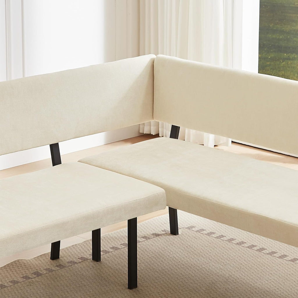 HIPIHOM Modern L-Shaped Dining Bench, 67 Inch Fabric Upholstered Corner Sofa with Metal Legs for Kitchen Nook, Living Room, Dining Room (Beige)