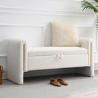 NIOIIKIT 52" Storage Ottoman Bench, Teddy Upholstered Storage Bench with Armrest, Entryway Bench with Pull-Ring, End of Bed Bench with Padded Cushion, Window Bench for Living Room (White)