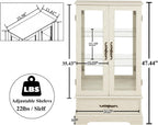 47" H Lighted Curio Cabinet Display Case, Glass Case with Adjustable Shelves,Tempered Glass Door and Drawer, Wooden Curio Cabinet with Mirrored Back Pane for Living Room (Antique White)