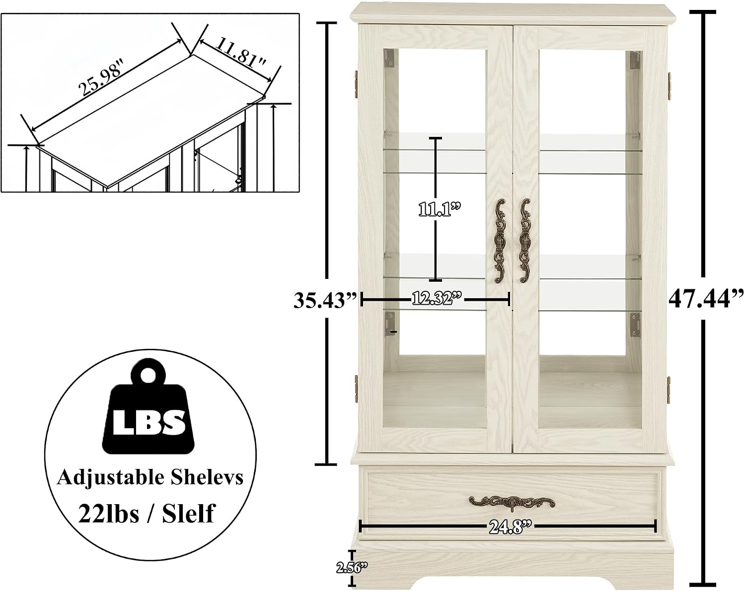 47" H Lighted Curio Cabinet Display Case, Glass Case with Adjustable Shelves,Tempered Glass Door and Drawer, Wooden Curio Cabinet with Mirrored Back Pane for Living Room (Antique White)
