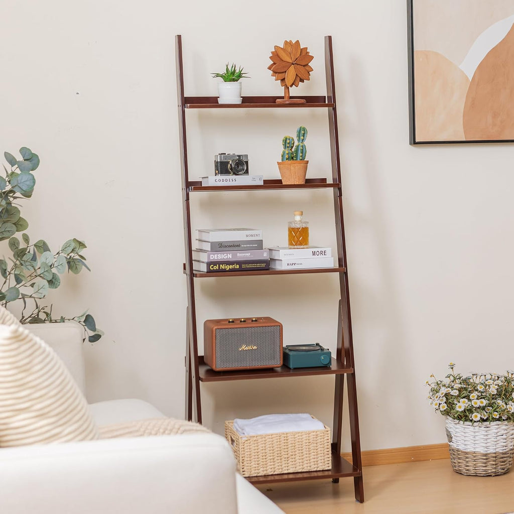 DOUSY-5-Tier Ladder Shelf Bookcase, Bamboo Ladder Bookshelf Leaning Book Shelf, Freestanding Storage Shelf Boho for Living Room, Home Office, Bedroom, Balcony, Dark Walnut