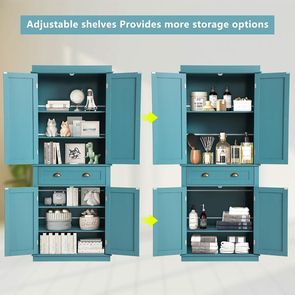 KIGOTY 72" Tall Kitchen Pantry Cabinet with Drawer and 4 Adjustable Shelves, Freestanding Pantry Storage Cabinets, Wood Cupboard Pantry Cabinet for Kitchen, Dining Room, Living Room, Turquoise