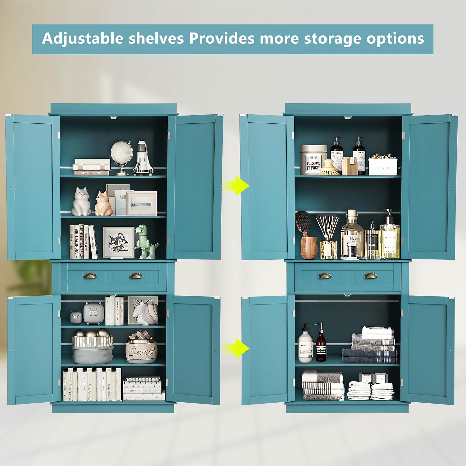 KIGOTY 72" Tall Kitchen Pantry Cabinet with Drawer and 4 Adjustable Shelves, Freestanding Pantry Storage Cabinets, Wood Cupboard Pantry Cabinet for Kitchen, Dining Room, Living Room, Turquoise