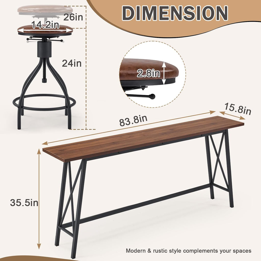 Karl home 83.8" Bar Table and Chairs Set, Sofa Table with 4 PU Stools, High Top Counter Height Table with Chairs for Kitchen Breakfast, Bistro, Dining Room, Living Room, Brown