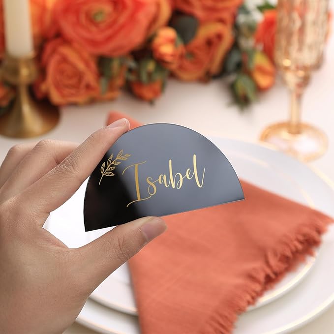 UNIQOOO 20 Pcs Black Semicircle Acrylic Place Cards, DIY Blank Half Circle Acrylic Sign, 1/8 inch Thick Perfect for Wedding Table Decor, Birthday, Centerpiece, Decoration, Party, Event,3.5x2 inches