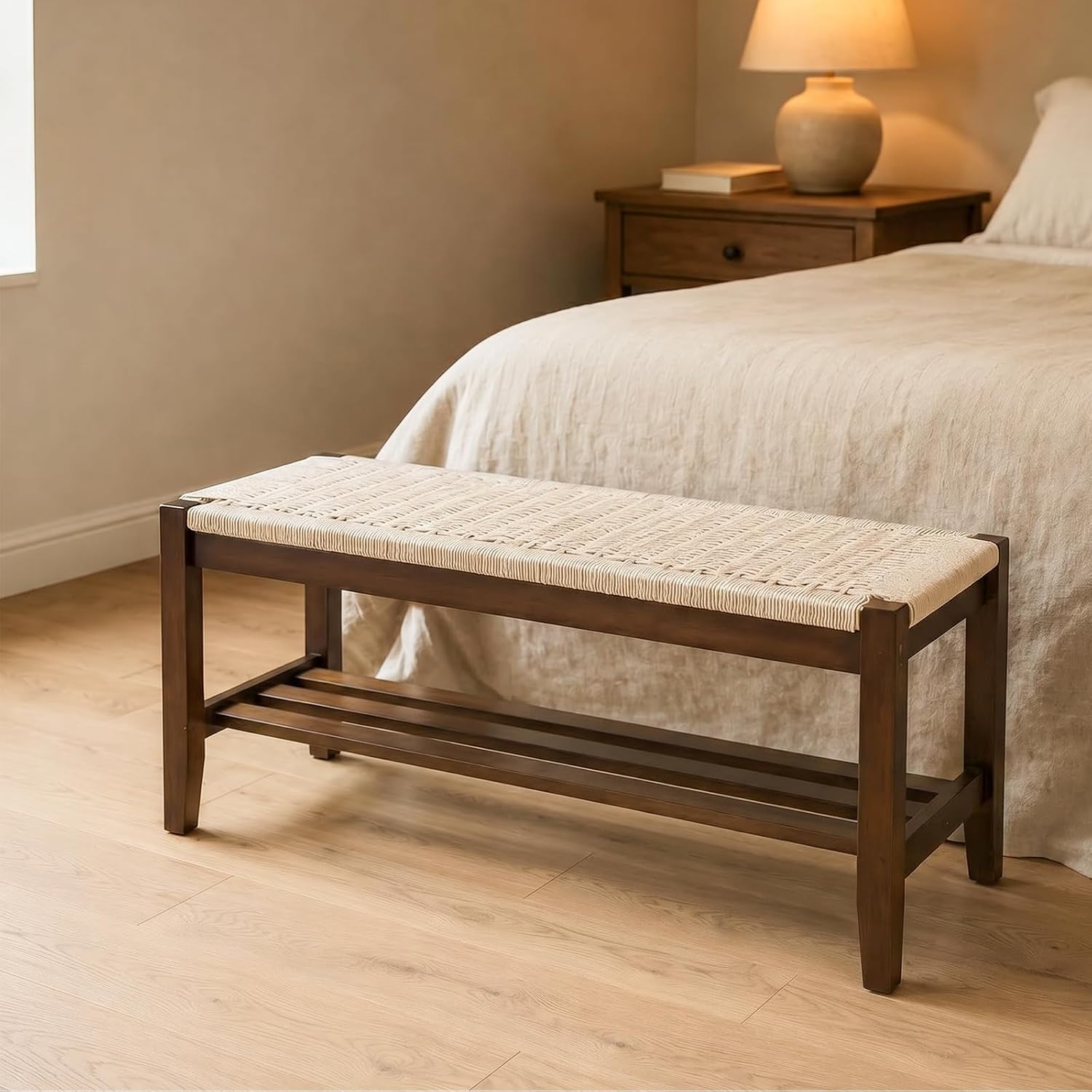 VINGLI Boho Storage Bench, Rattan Entryway Bench with Natural Woven Seat & Wood Frame, Dining Wicker Bench Indoor Bedroom Bench for End of Bed, Dining Room, Living Room and Hallway, Walnut, 39.8 Inch