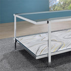 Pemberly Row Contemporary 3-Piece Coffee & End Table Set, Engineered Wood and Chrome, Tempered Glass Tops, Faux-Stone Pattern, Living Room Furniture Set with Storage Shelves