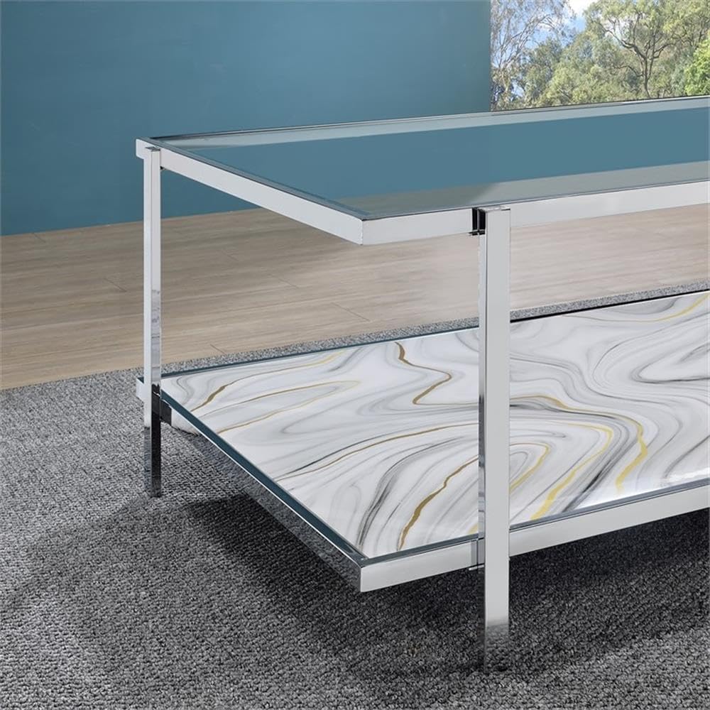 Pemberly Row Contemporary 3-Piece Coffee & End Table Set, Engineered Wood and Chrome, Tempered Glass Tops, Faux-Stone Pattern, Living Room Furniture Set with Storage Shelves