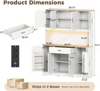 FUQARHY 71" Kitchen Pantry Storage Cabinet, Tall Kitchen Hutch with Charging Station, 55" Wide Large Food Pantry Storage Cabinet with LED Light, Drawers and Adjustable Shelf for Dining Room (White)