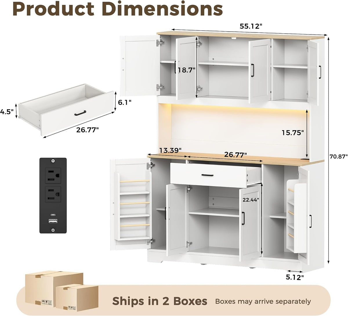 FUQARHY 71" Kitchen Pantry Storage Cabinet, Tall Kitchen Hutch with Charging Station, 55" Wide Large Food Pantry Storage Cabinet with LED Light, Drawers and Adjustable Shelf for Dining Room (White)