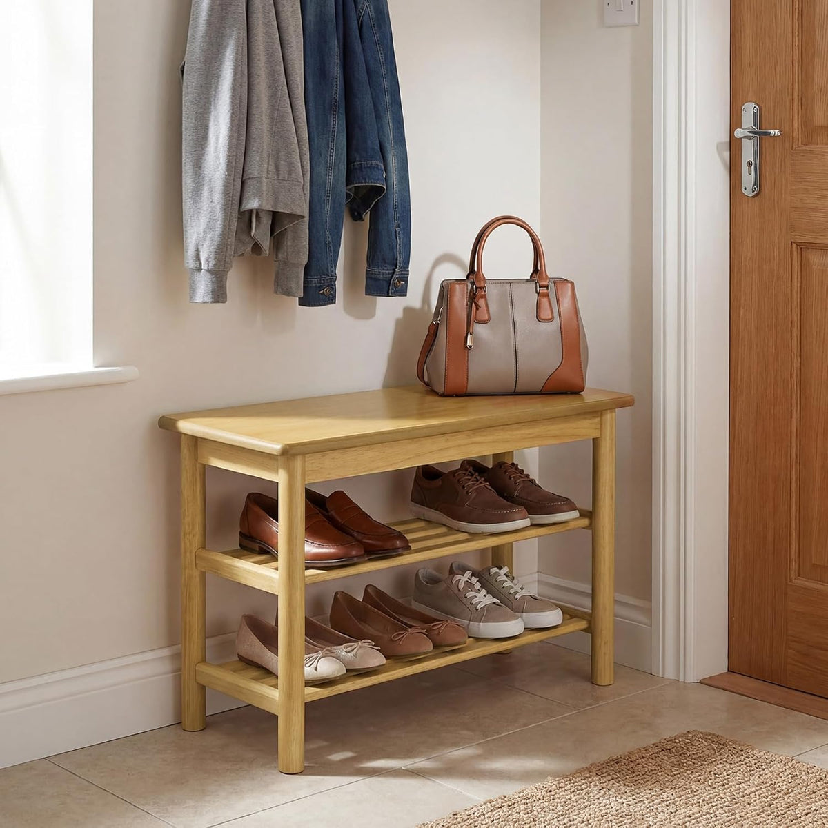 Giantex Shoe Rack Bench, 3-Tier Entryway Bench with Slat Shelves, Wooden Shoe Storage Organizer for Living Room, Front Door, Bedroom, Holds up to 485 lbs, 12 x 24 x 17 Inches