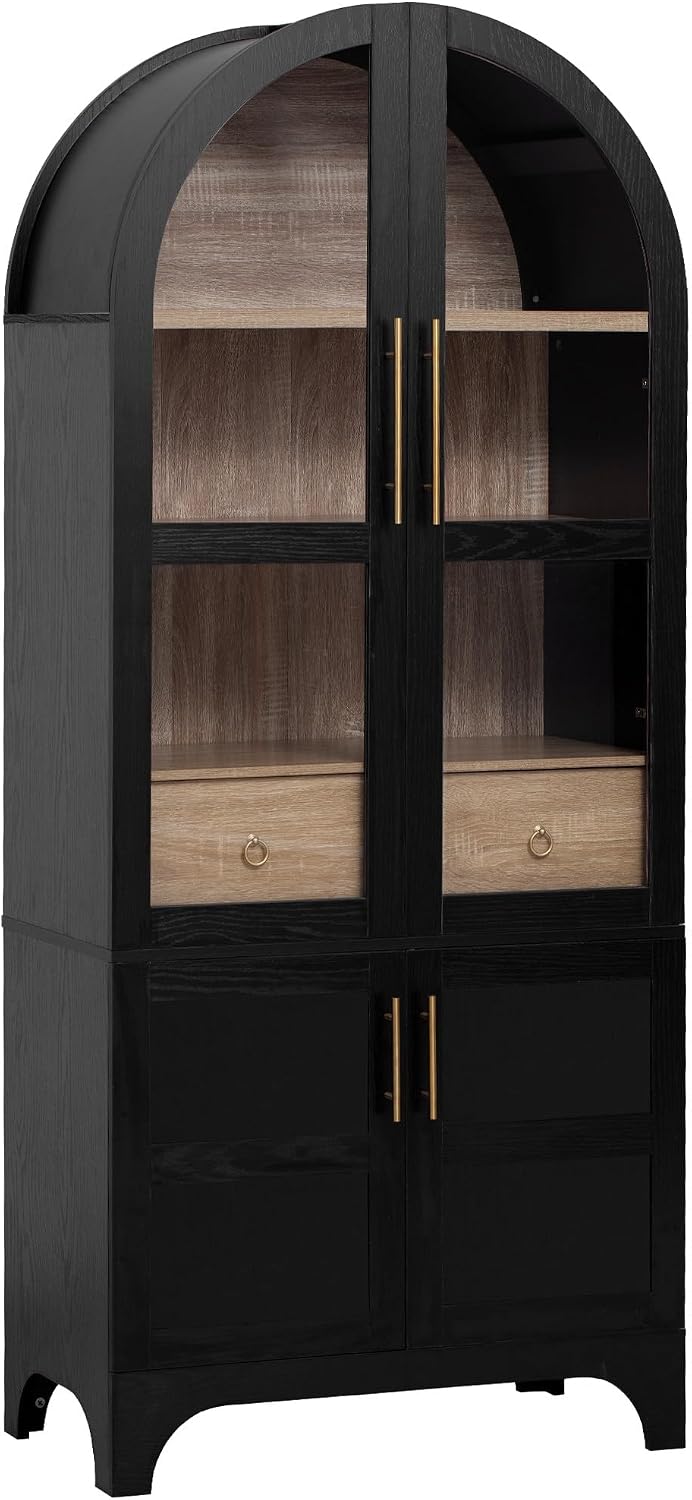 71" Tall Arched Pantry Cabinet with Glass Doors and Adjustable Shelves, Farmhouse Arched Pantry Cabinet with Drawer for Kitchen, Dining Room, Living Room, Bathroom, Black