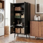 Ebony Fluted 51" Tall Wooden Kitchen Pantry Storage Cabinet Food Organize with Adjustable Shelves, Modern Accent Cabinet Sideboard Buffet for Dining Room, Entryway, Bathroom, Home Office
